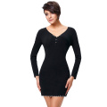 Kate Kasin Sexy Women's Long Sleeve V-Neck Button Front Black Tight Skirt Mini Short Dress KK000300-1